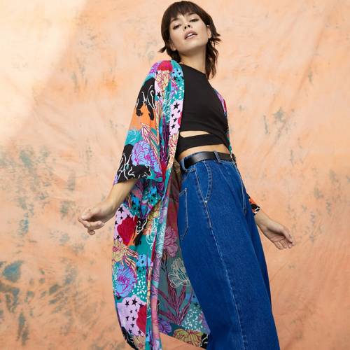 Kimono Largo Estampado Sfera Mujer Azul Marino