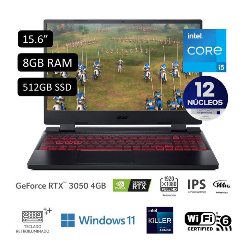 ACER - Laptop Gamer ACER Nitro Intel Core i5 12° Gen 8GB RAM 512 GB SSD 15.6'' RTX 3050 4GB