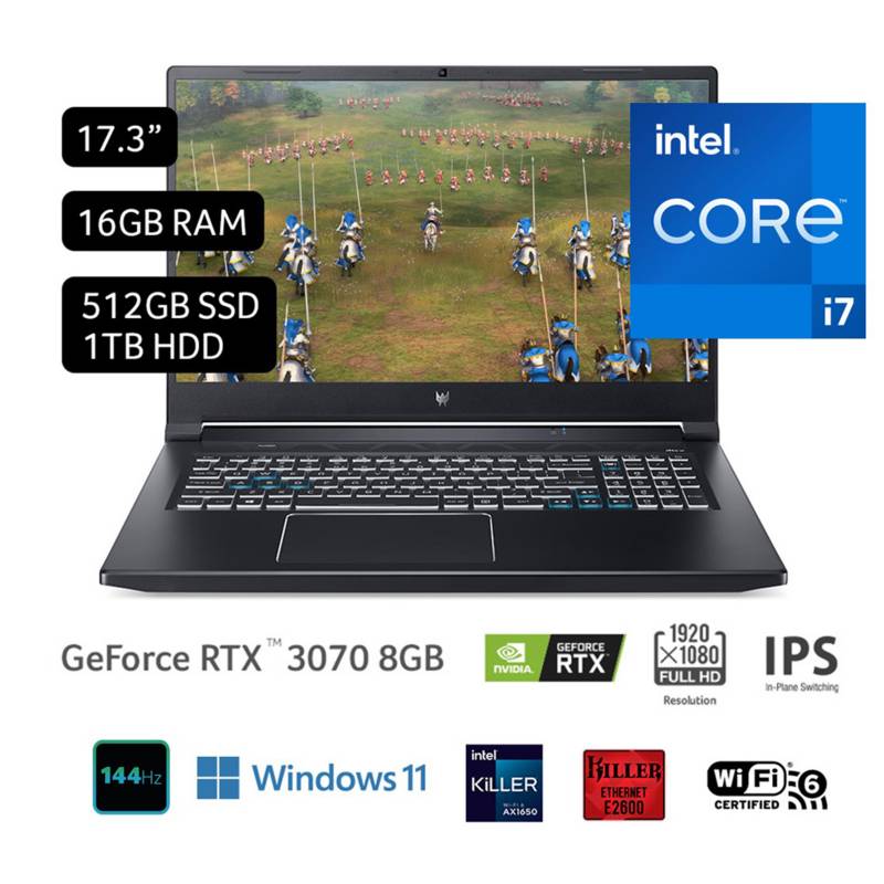ACER - Laptop Gamer ACER Predator Intel Core i7 11° Gen 16GB RAM 512 GB SSD 17.3 RTX 3070 8GB