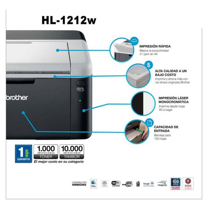 Impresora Láser Brother HL-1212W Monocromática Wifi USB BROTHER |  