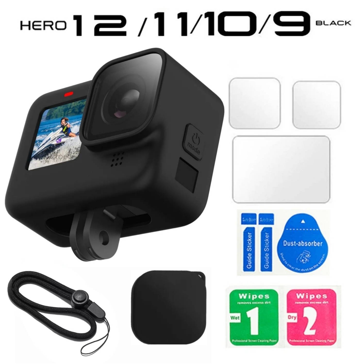 Carcasa impermeable para GoPro Hero 12 11 10 9 Protector de pantalla de  vidrio templado negro funda protectora de silicona Kit de accesorios para
