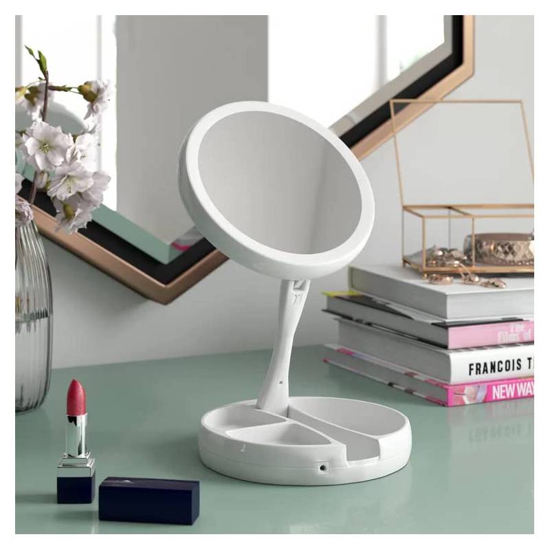 DOWRY Espejo cosmético con iluminación LED, espejo de maquillaje plegable  con luz para montaje en p…