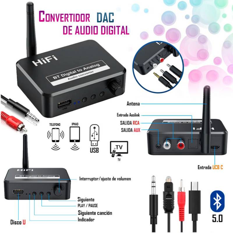 Receptor Bluetooth 5.0 Convertidor de audio digital a analógico de 3,5 mm  GENERICO