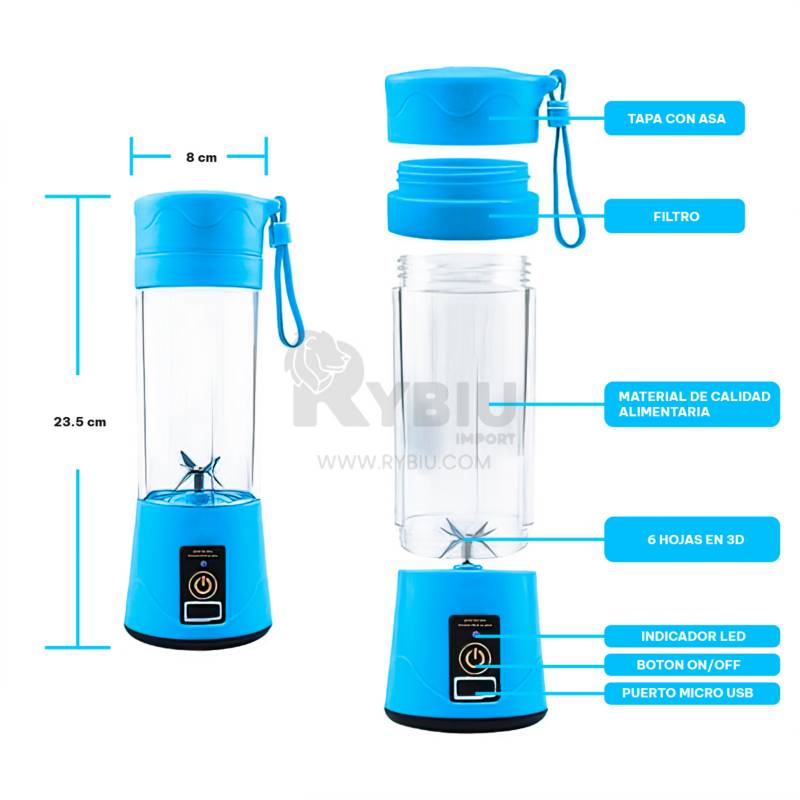 Mini Licuadora Recargable Usb Portatil Vaso 380 Cc Celeste