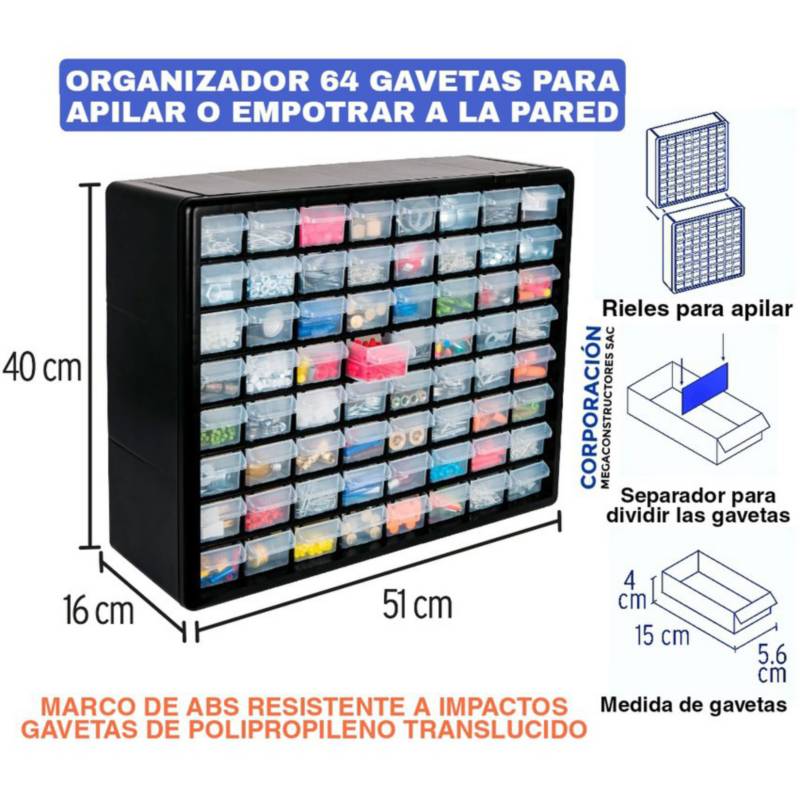 Organizador Plastico De 64 Gavetas Truper 10895