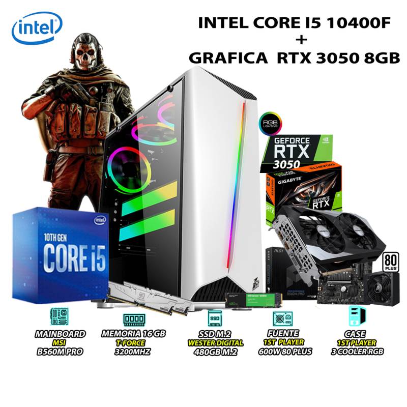 INTEL - Computadora Gamer Core i5 10400F RAM 16GB CON GRAFICA GIGABYTE RTX 3050 8GB