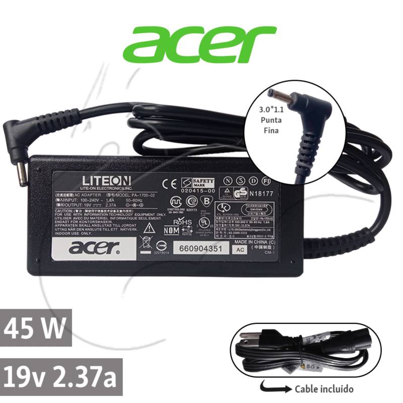 ACER - Cargador Acer Aspire (Punta Fina)  19v 2.37a 45w