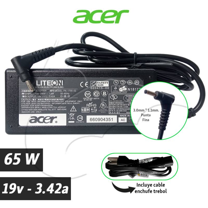 ACER - Cargador Acer Aspire ( Punta Fina ) - 19v 3.42a  65w