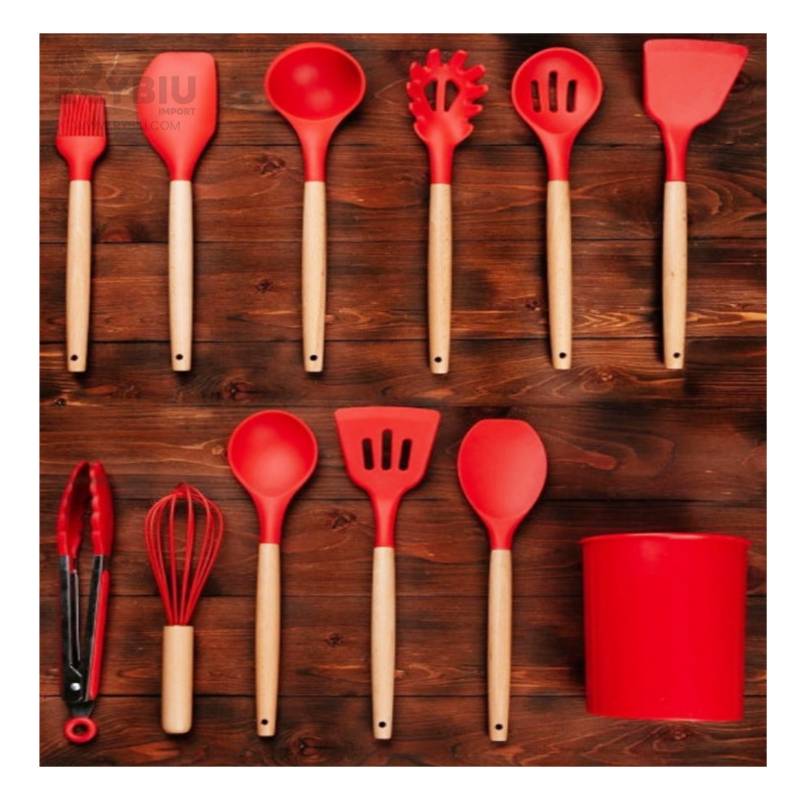 Set de utensilios para cocina en silicona con mango de madera 12