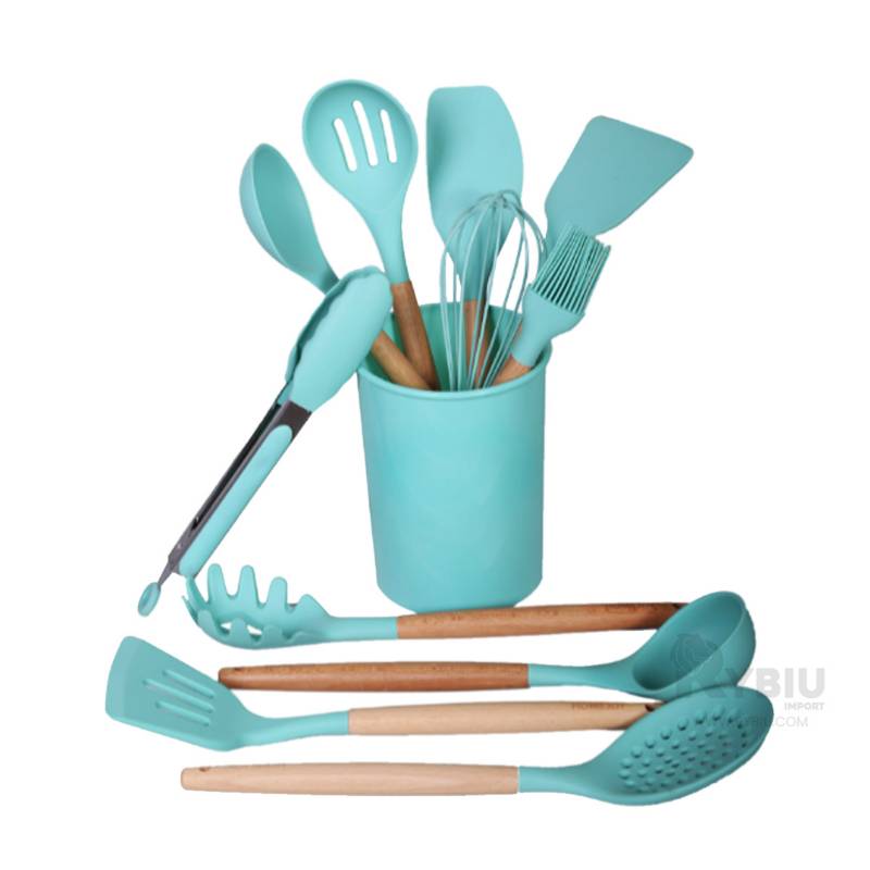 SET UTENSILIOS DE COCINA X12 PCS SILICONA VERDE AGUA