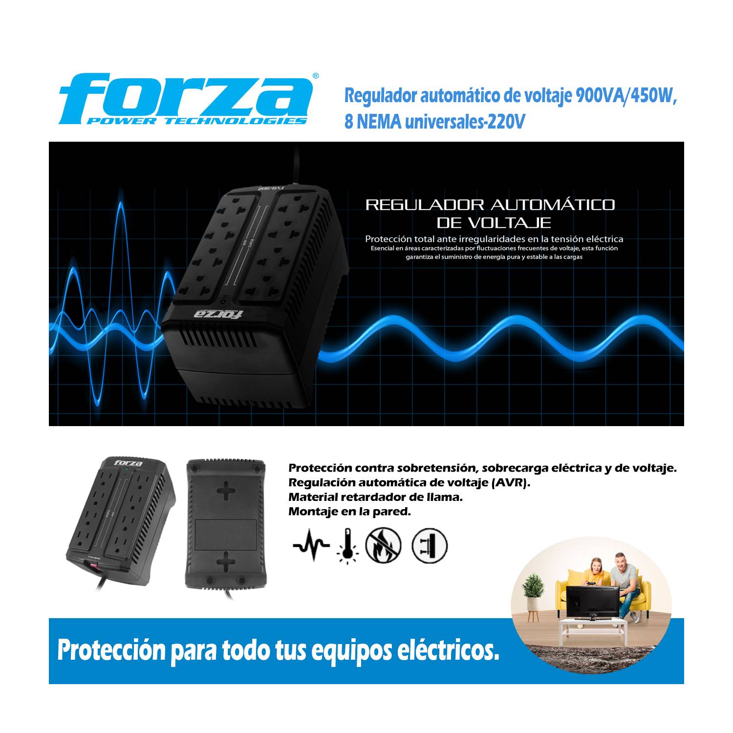 Estabilizador de Voltaje Forza 8 Tomas FVR-902 (900va/450w) 220V