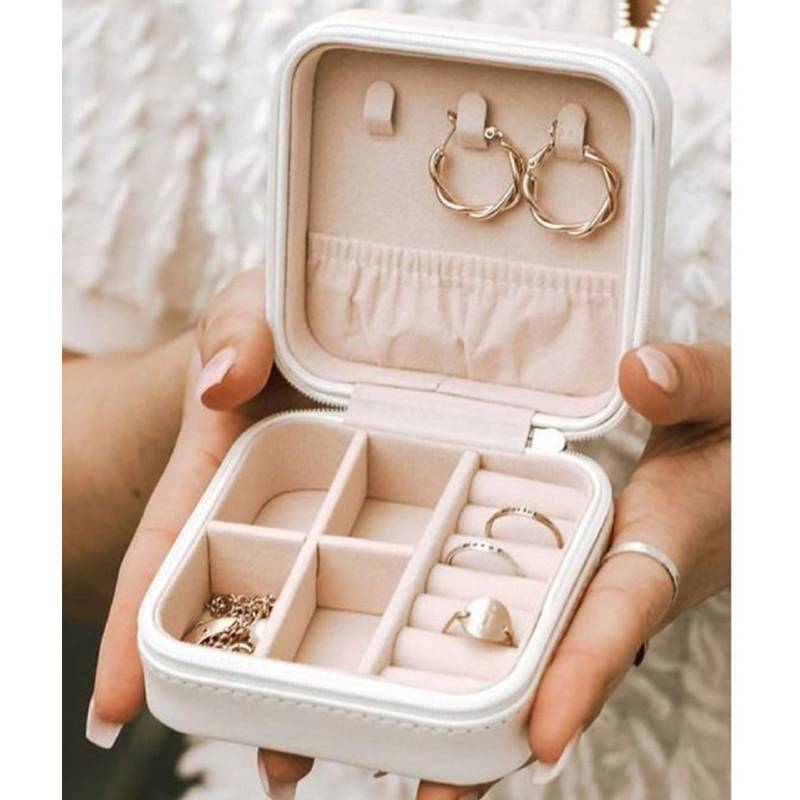 Mini joyero portátil con cierre para aretes anillos collares Blanco  GENERICO