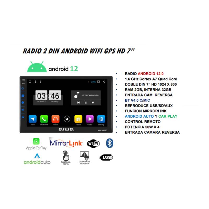 AUTORADIO ANDROID 2DIN HD TACTIL 7 2GB + 32GB WIFI GPS BLUETOOTH AIWA