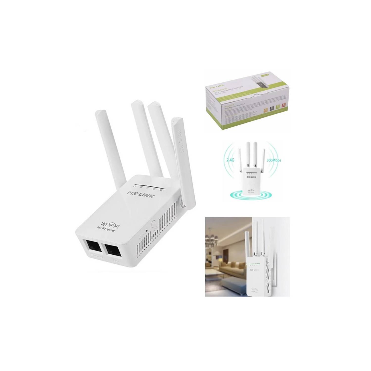Repetidor Y Router Wifi, Pix-Link, 4 Antenas 300Mbps. En Caja. por mayor  sku:24084