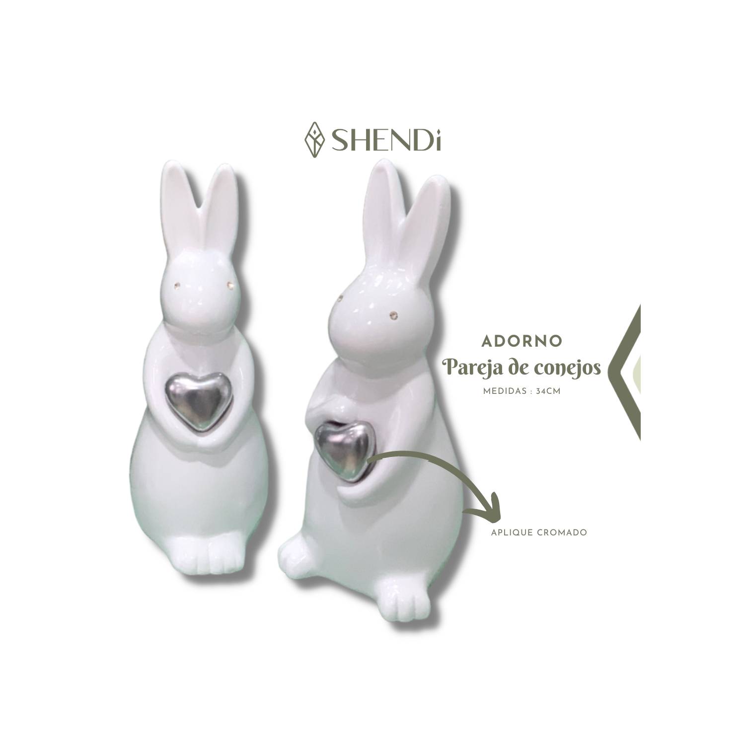 Adorno de pareja de conejos con aplique de corazon plateada PERU |  