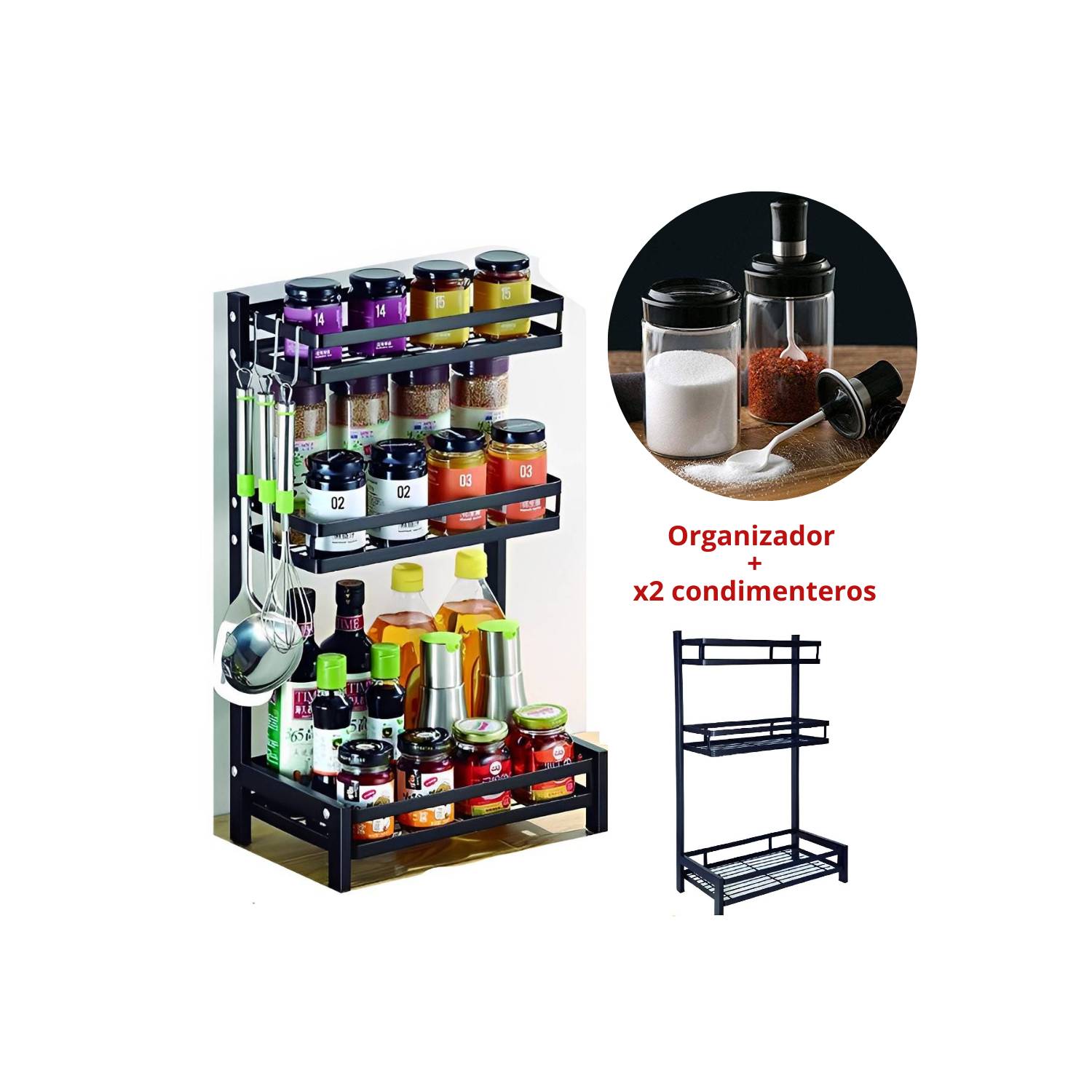 Organizador de condimentos 3 niveles con 2 condimenteros pack INSPIRA