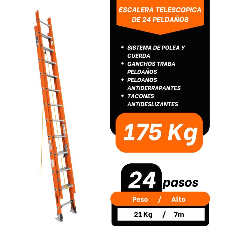 Escalera Extensible 24 Pasos Fibra Vidrio 175Kg Truper 16757