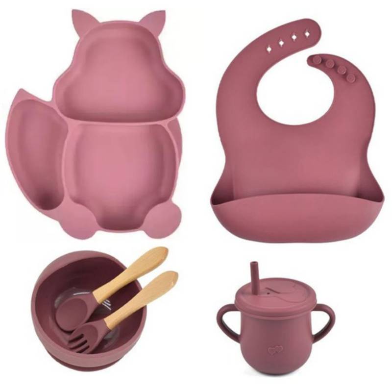 Platos para bebes - plato de silicona bebe + babero vaso + cubiertos rosado  OEM