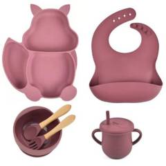 OEM - Platos para bebes - plato de silicona bebe + babero  vaso + cubiertos rosado