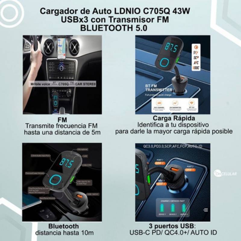 Adaptador de coche Bluetooth, Tipo-C PD 30W Cargador rápido Bluetooth Fm  transmisor para coche con llamadas manos libres, receptor de radio  inalámbrico FM reproductor de música