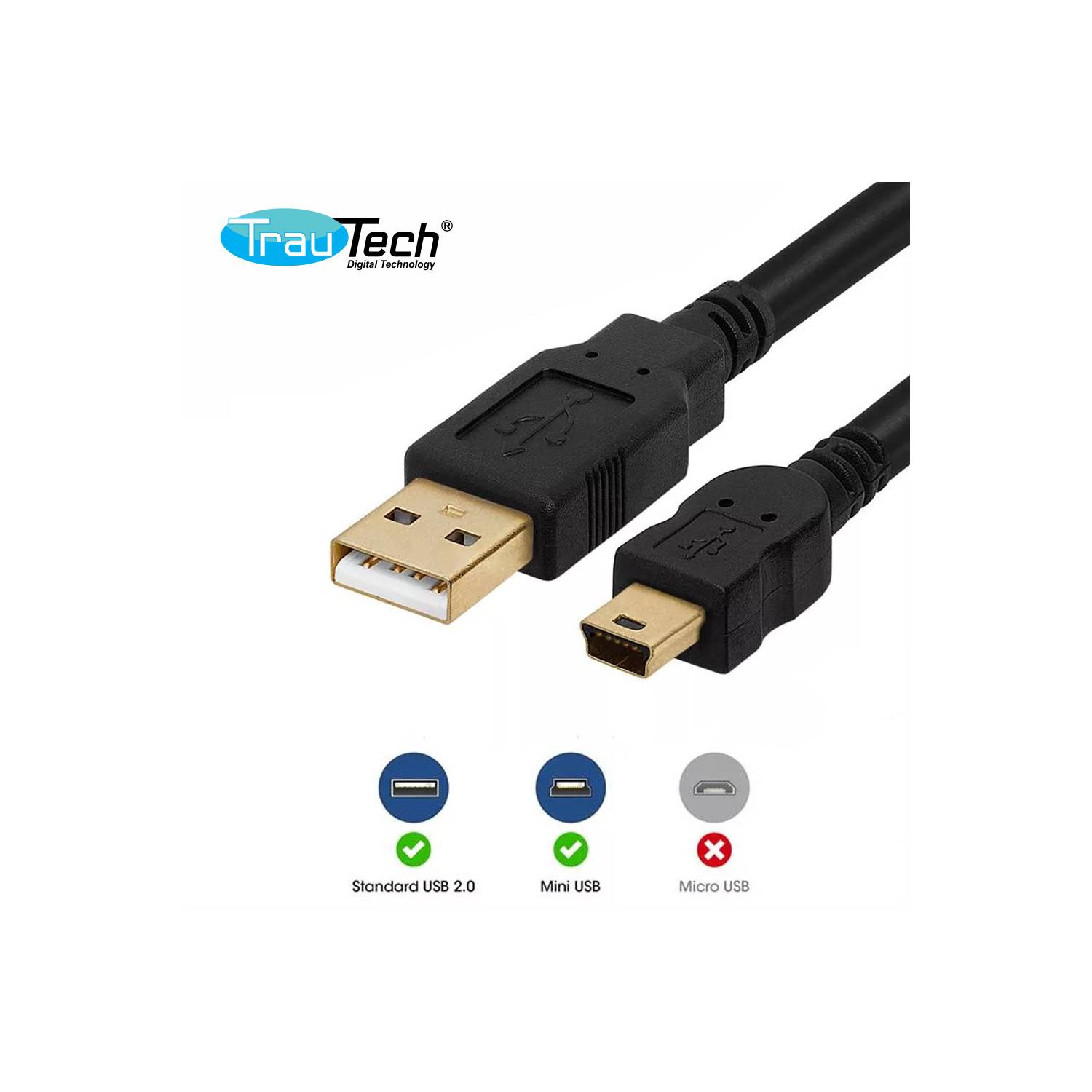Cable USB 2.0 a Mini USB V3 5 pines 1.8 Metros con Filtro Trautech