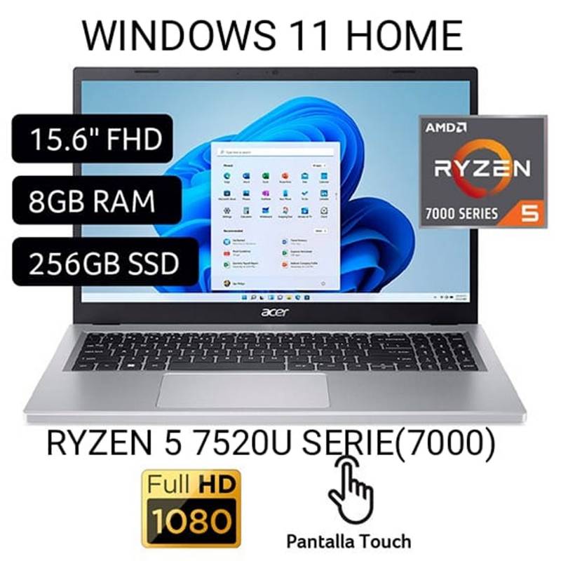 Laptop Acer Aspire 3 Pantalla Touch 156 Amd Ryzen 5 7520u Serie7000 8gb 256gb Ssd W11 Home 9542