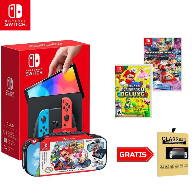 NINTENDO - Nintendo Switch Oled Neon - Estuche edicion Mario kart - 2 juegos - Regalo