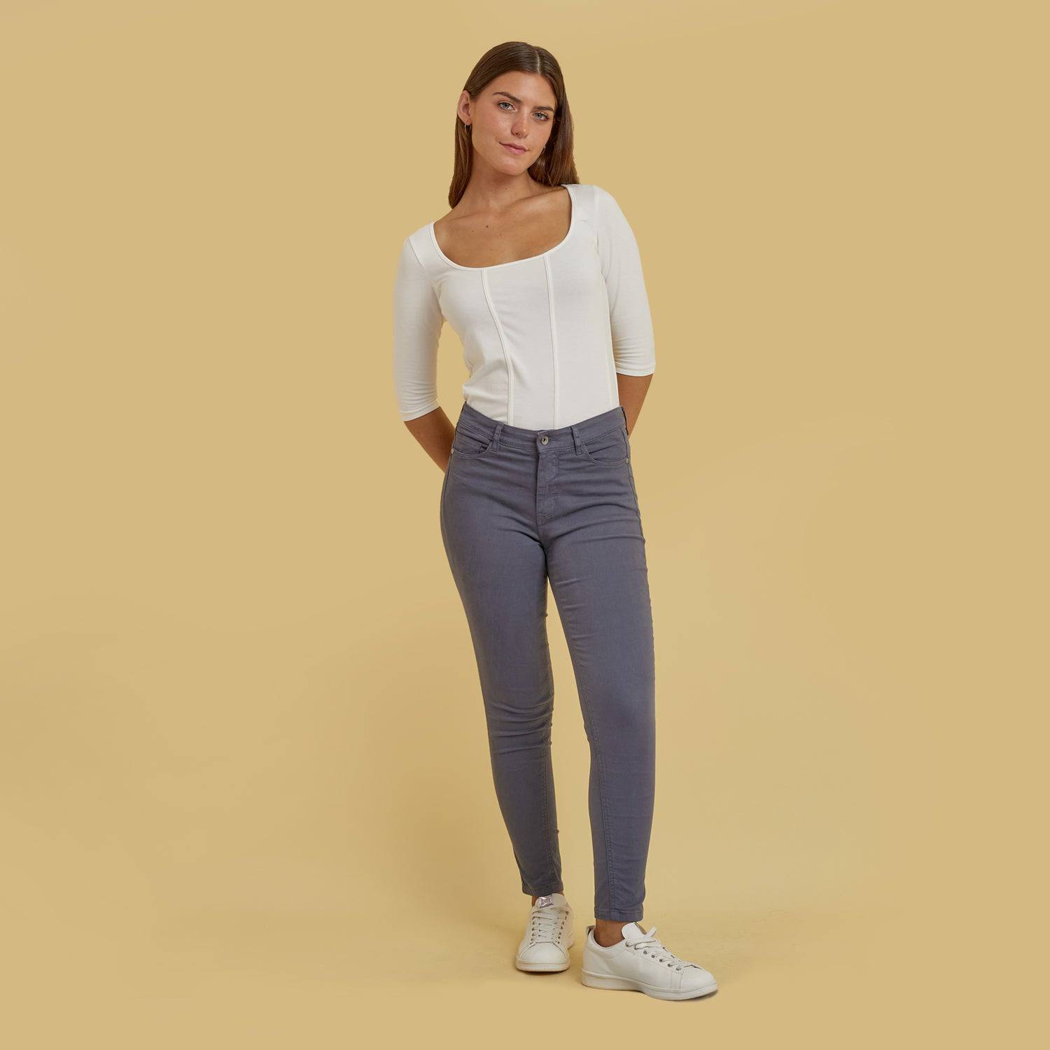 Pantalones cargo elásticos de cintura alta para mujer - Gris