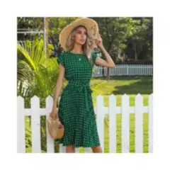 GENERICO - Falda midi de verano vestido de lunares de manga corta- verde