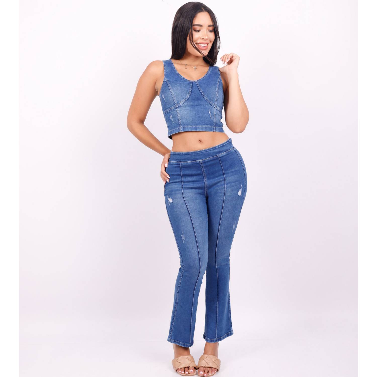 Conjunto Jeans Mujer, Pantalón Denim Acampanado + Top Jean