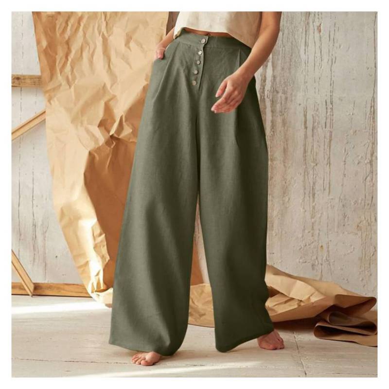 Nuevo pantalón casual de tiro alto de algodón y lino -verde GENERICO