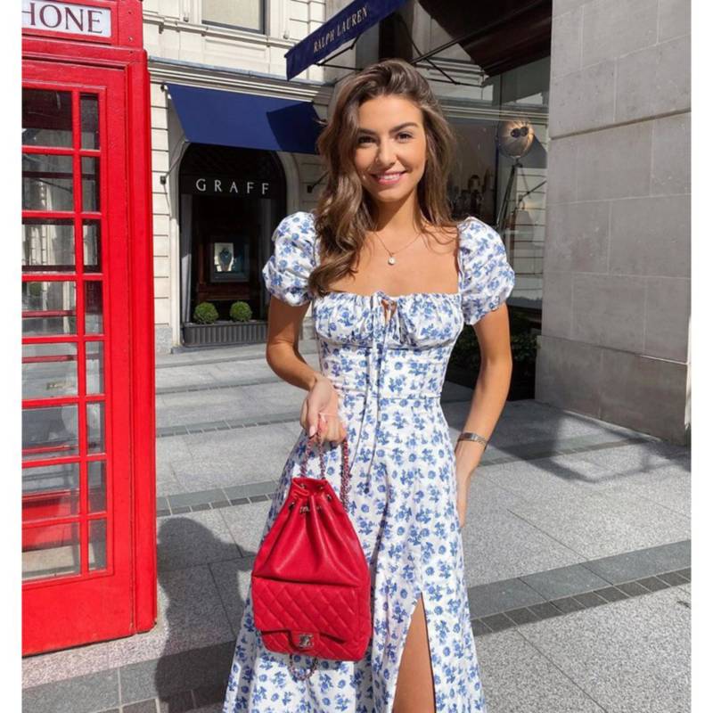 GENERICO Vestido floral con volantes de verano para mujer- azul