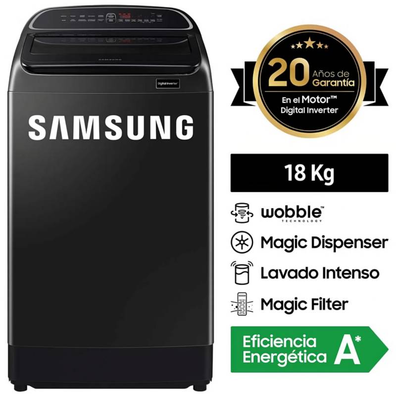 SAMSUNG - Lavadora Samsung 18 Kg Carga Superior WA18T6260BV - Negro