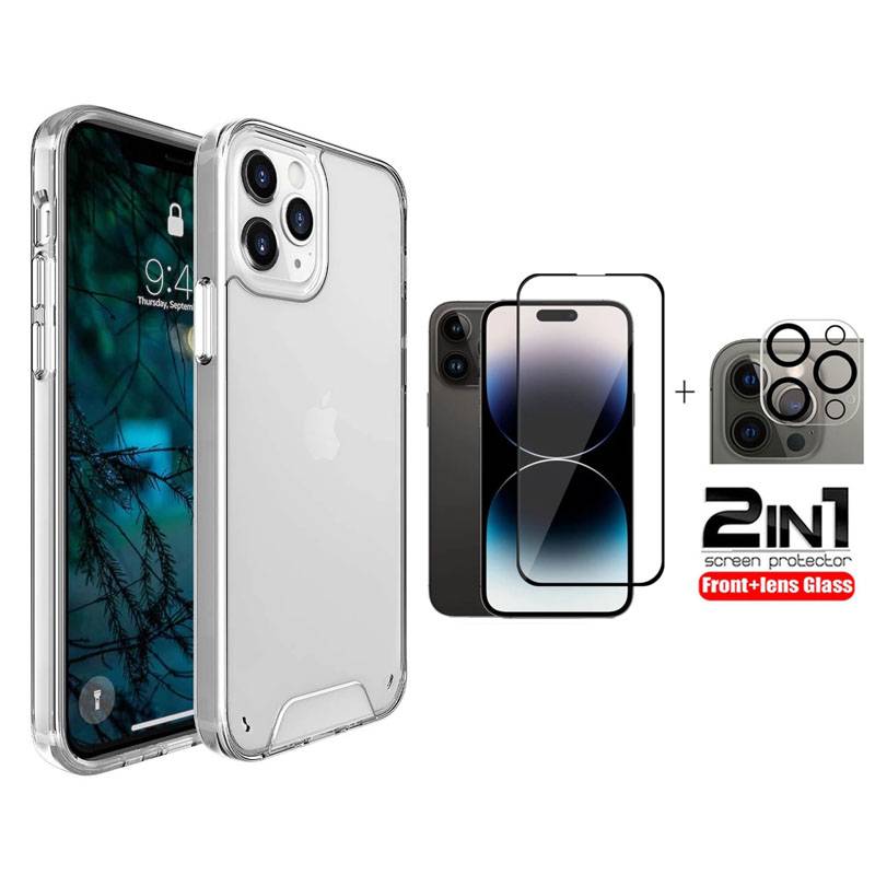 Protector Case iPhone 14 Pro MAX + Vidrio Templado Pantalla y Camara SPACE