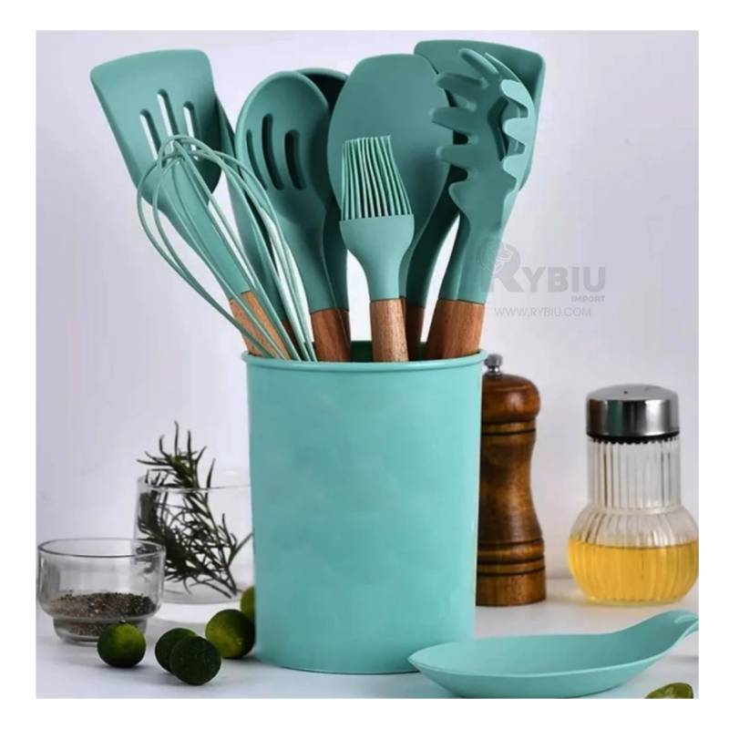 Set Cucharones Utensilios Cocina De Silicona 12 Piezas VERDE