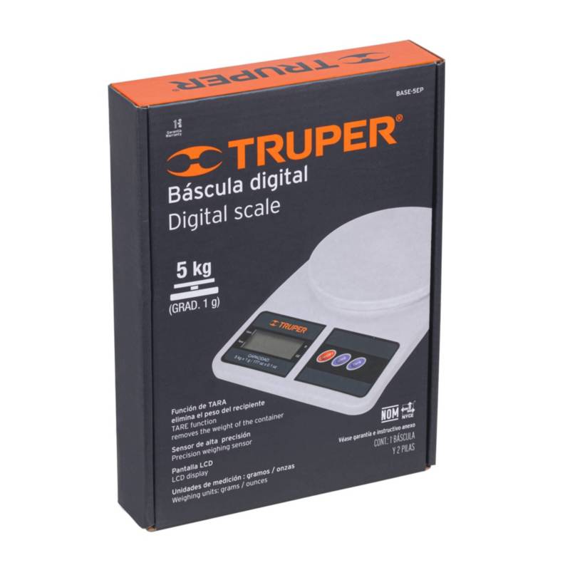 BALANZA DIGITAL – PLATO PLASTICO – CAPACIDAD MAX. 5 KG. – INCLUYE PILAS –  TRUPER – R&B AGROPECUARIA S.A.C.