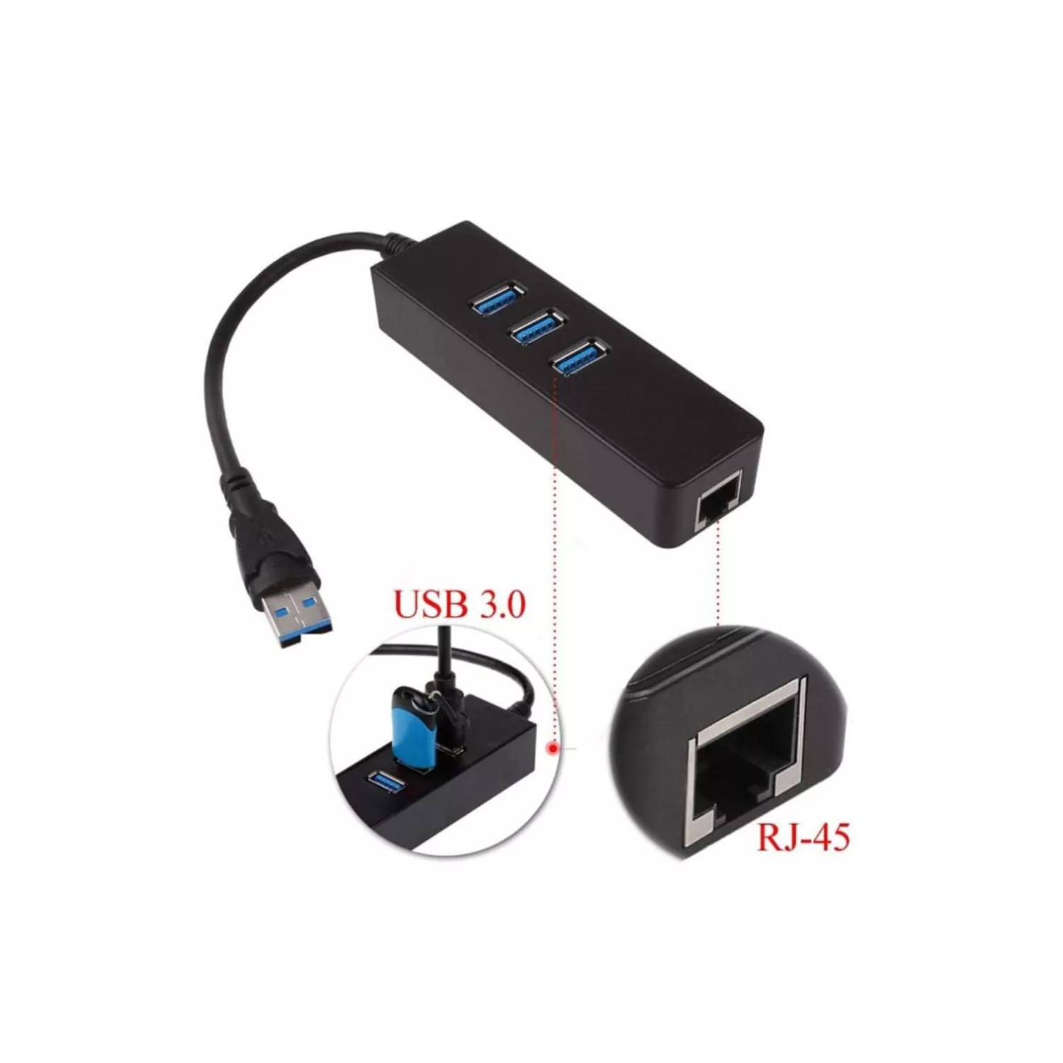 Adaptador USB 3.0 A RJ45 USB Lan Ethernet + Hub 3 Puertos