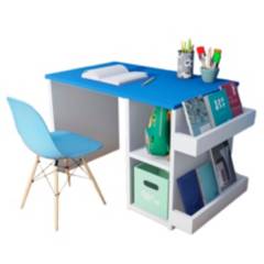 WONDER WOOD MUEBLERIA - Escritorio Montessori + Silla Wonder Wood Muebleria con 2 compartimientos y 2 portacuentos Azul