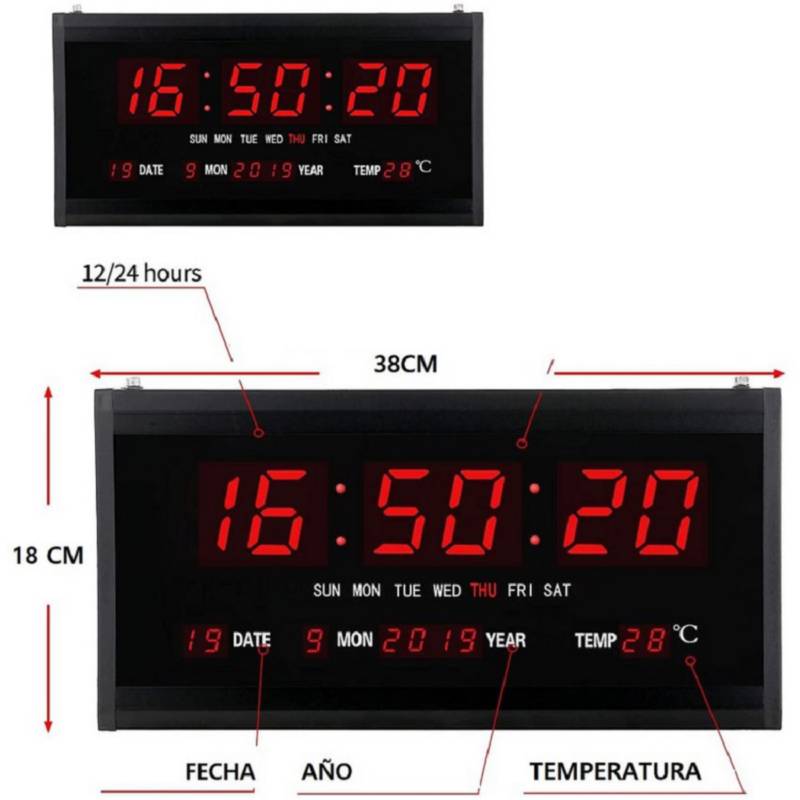 reloj digital de pared 46cm x 22cm calendario temperatura GENERICO