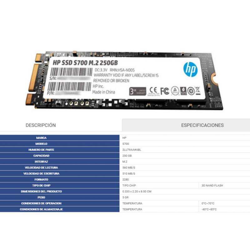 Disco Duro Solido - SSD 250gb M.2 Pcie 2280 - HP PC/Laptop HP