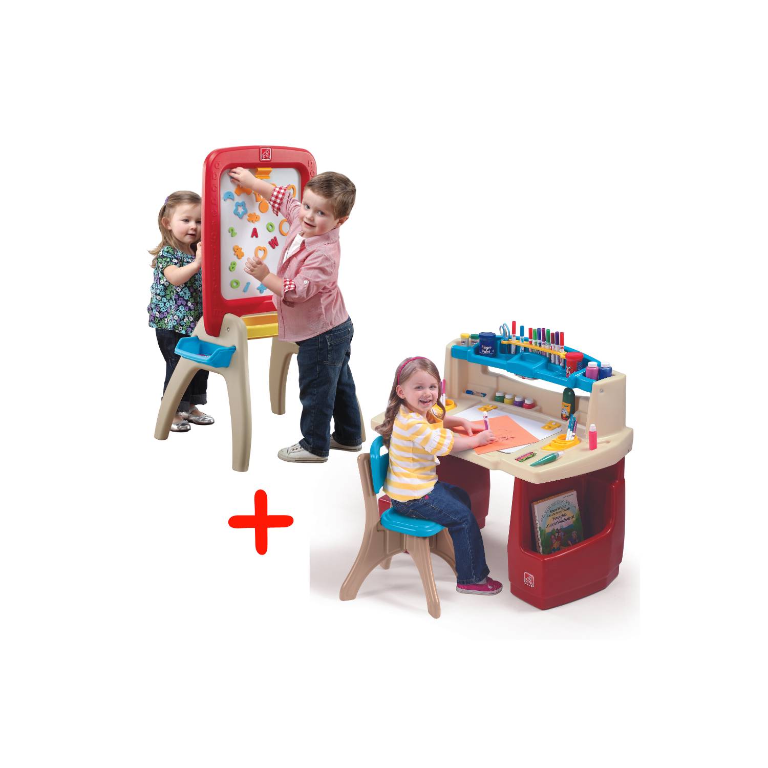 Time-2-Play Kids Montessori Lego - Mesa cuadrada de madera dura roja y azul  de 35 pulgadas con estante, escritorio de madera maciza para niños [patas