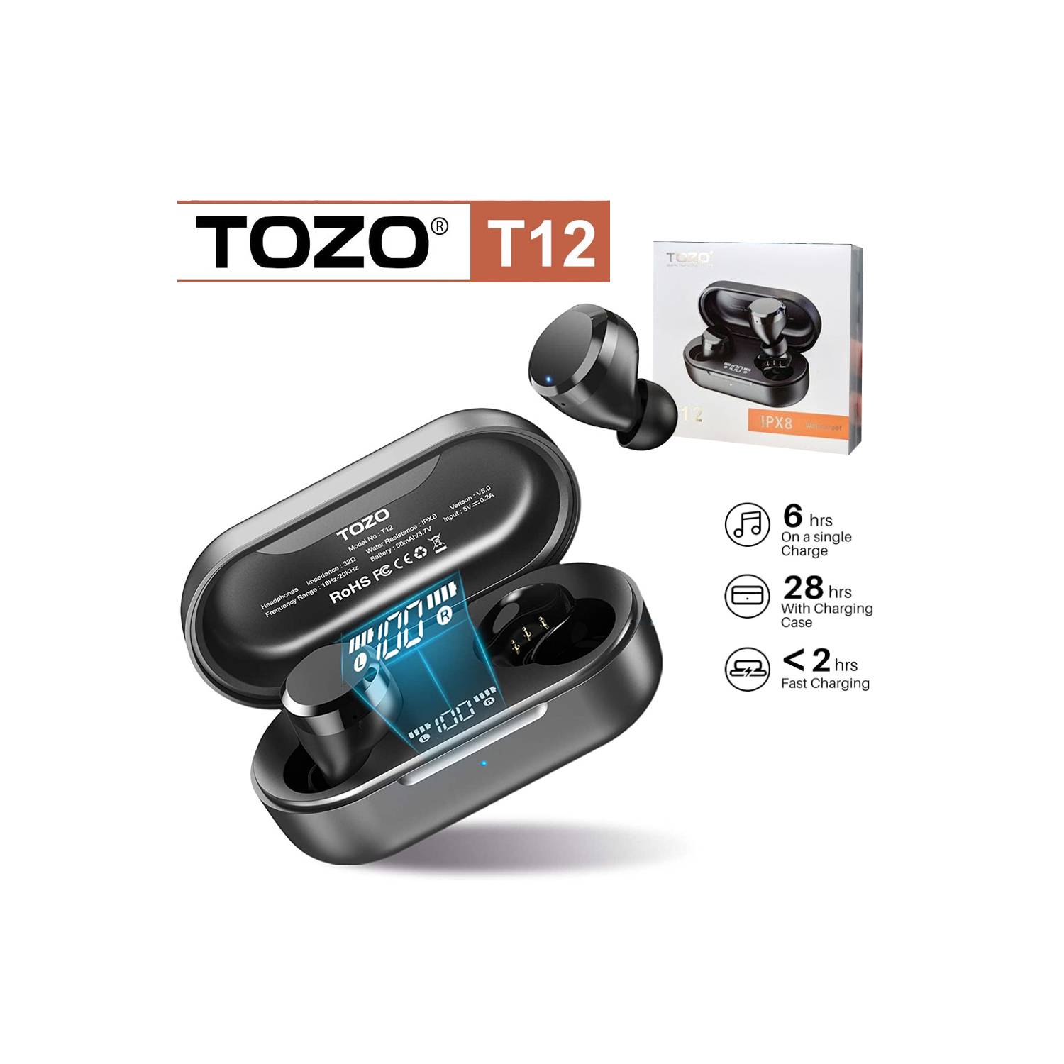 Audífono TOZO T12 True Wireless IPX8 - Negro TOZO