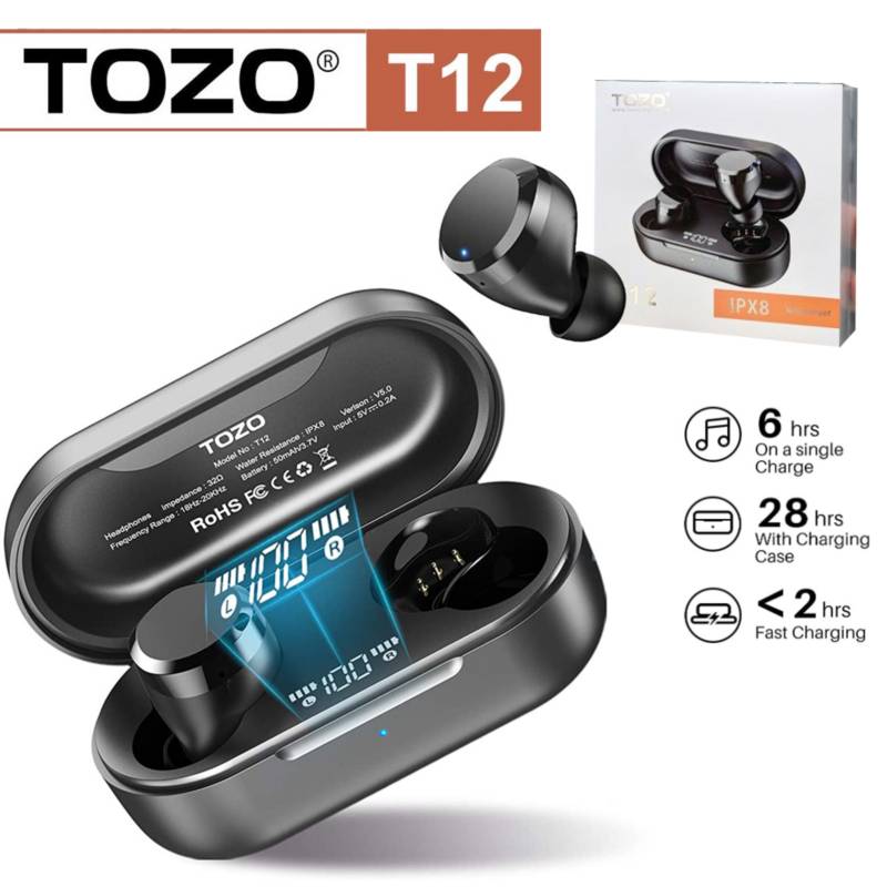 Audífono TOZO T12 True Wireless IPX8 - Negro TOZO