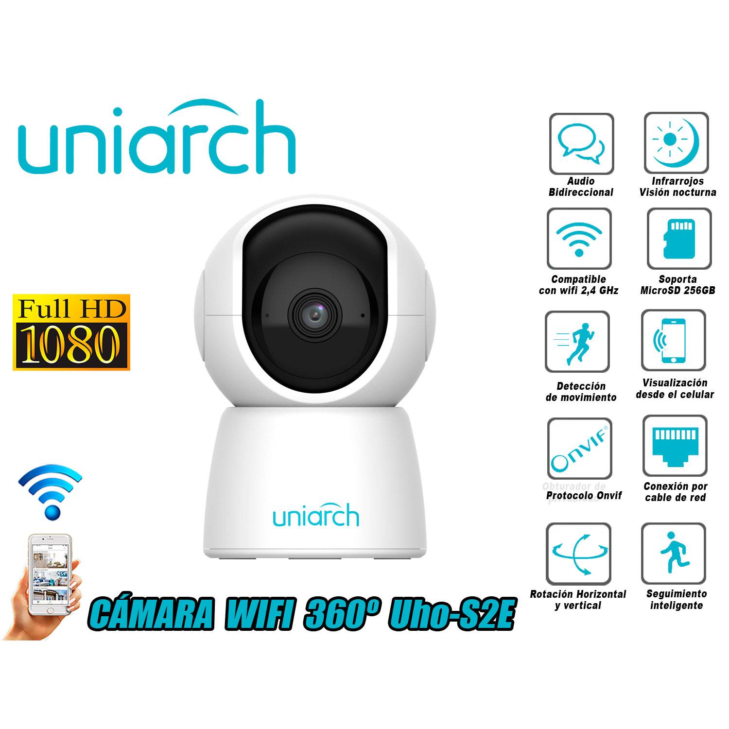 Cámara Seguridad Wifi Inalambrico Mini PT 1080P 360° Uho-S2E UNIARCH