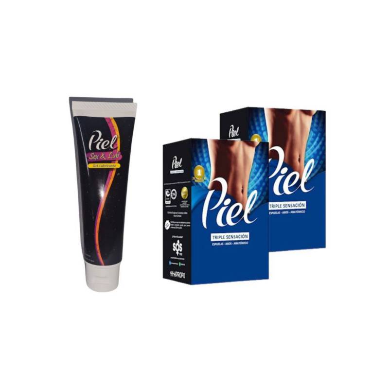 Pack X2 Piel Condon Triple Sensación Gel Lubricante Sexlub Piel 6500