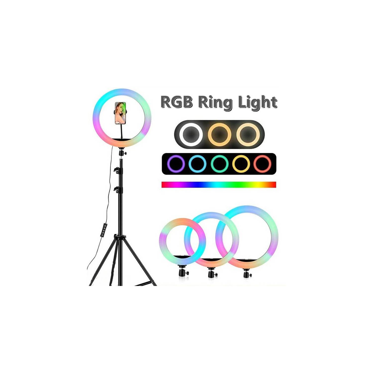 Aro luz led 26 cm rgb colores + trípode 2.10 metros kit SEISA