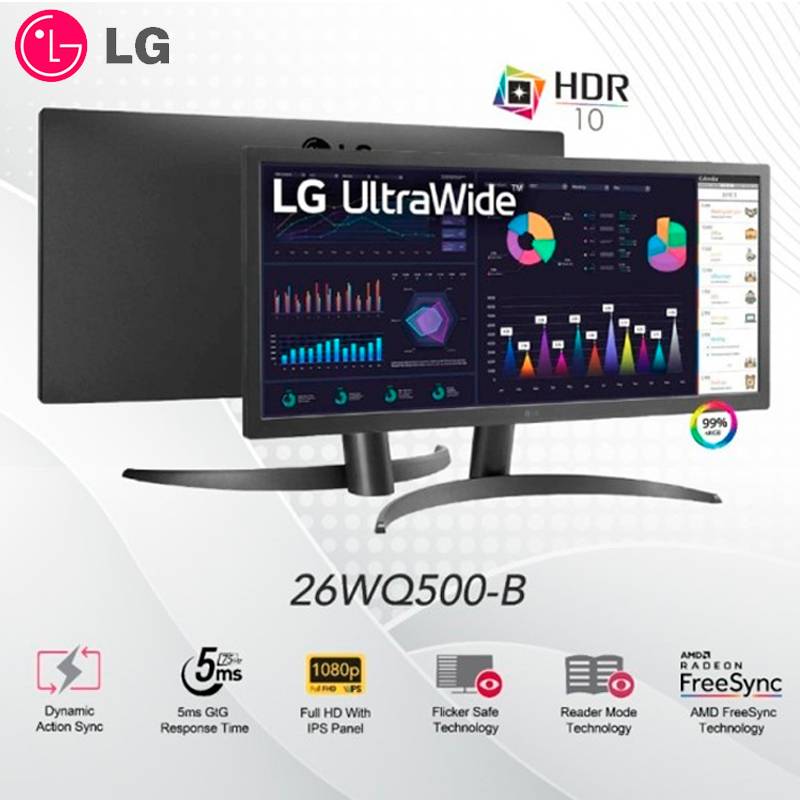 MONITOR LG 26WQ500-B, ULTRAWIDE 25.7 IPS, FHD, 75Hz, 1ms.