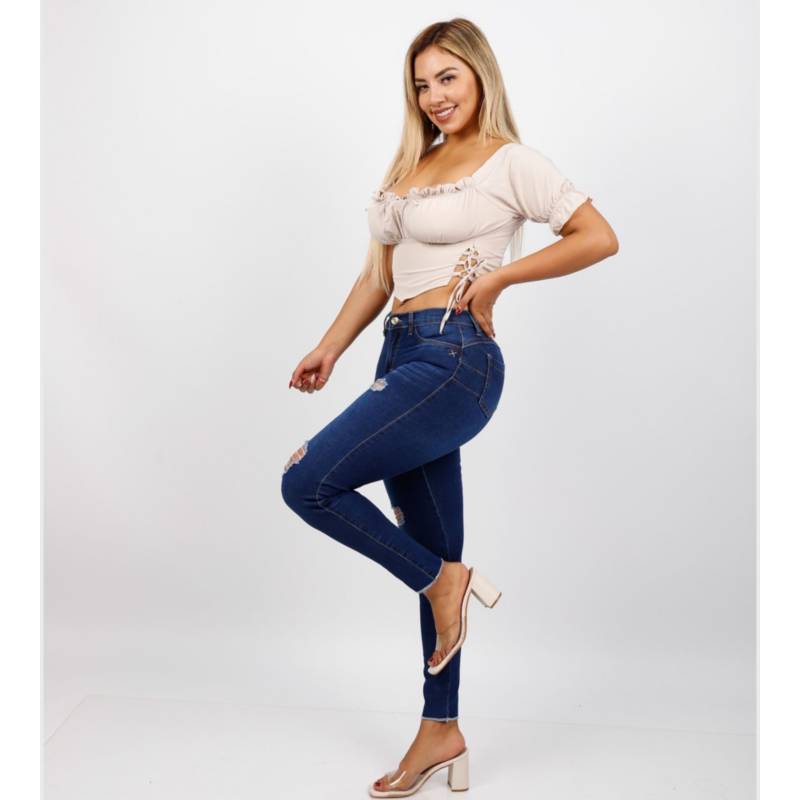 Skinny Jeans De Mezclilla Stretch Con Rasgado En Piernas