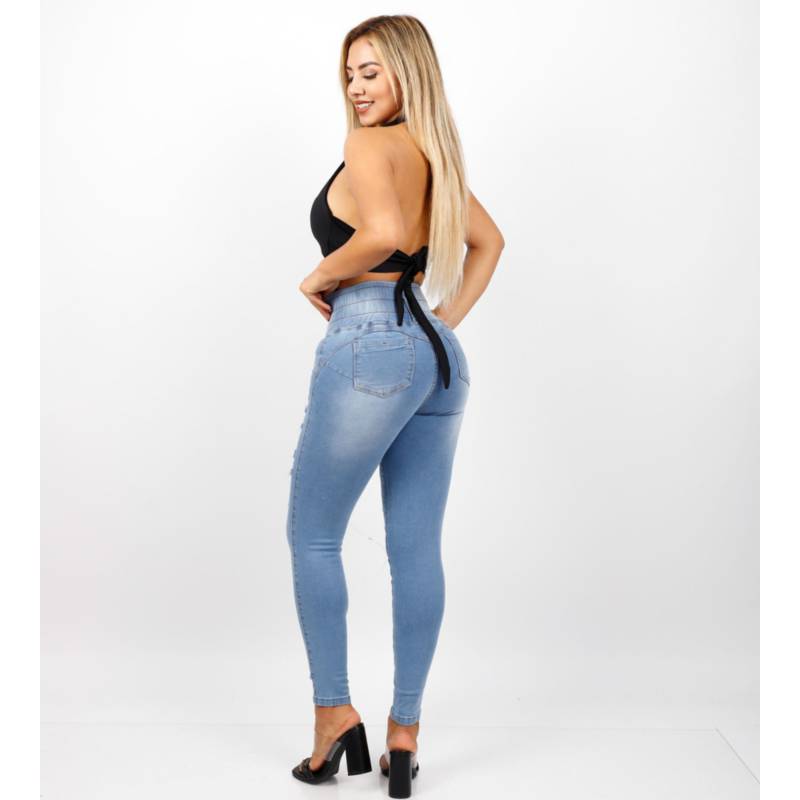 Pantalón Jean con Faja Interna de Mujer Modelo Cat Color Celeste GENERICO