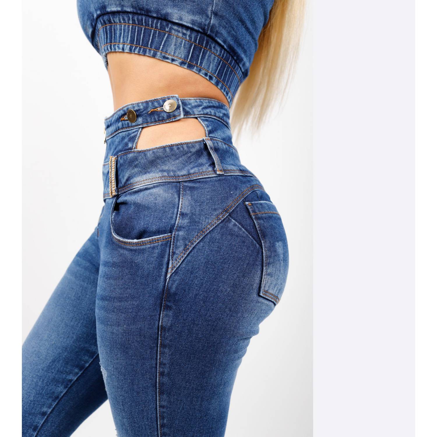 Conjunto Jeans Mujer, Pantalón Denim Acampanado + Top Jean GENERICO